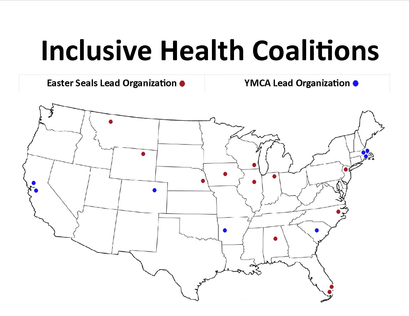 a map highlighting the locations of 20 inclusive health coalitions across the US