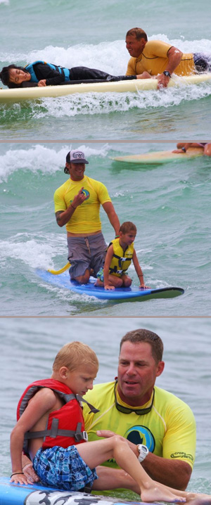 Three separate images of individuals participating in adapted surfing