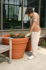 Older woman tending a tall planter