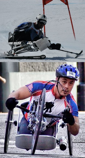 A man with a lower limb disability is skiing down a slope while another man that uses a wheelchair is cycling. 