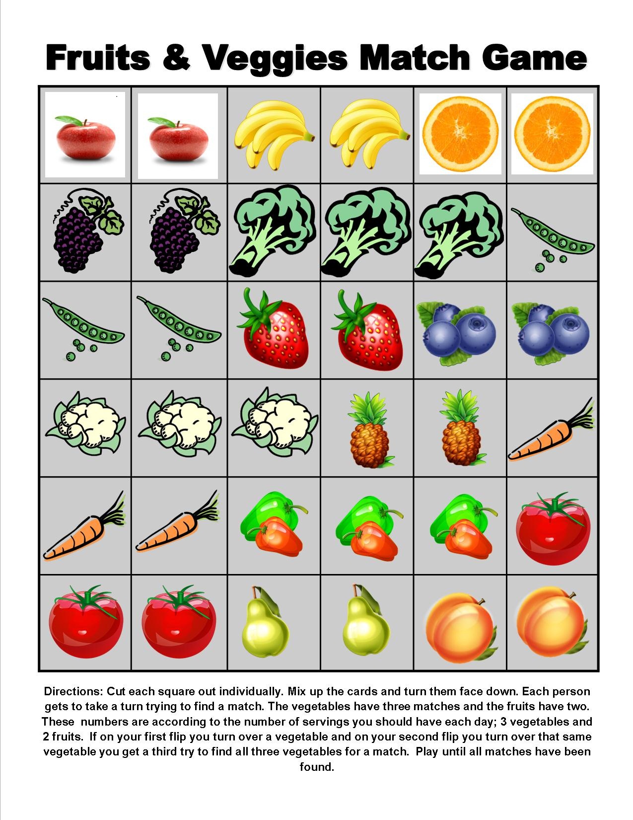 A printable page containing the fruits and veggies game, in which players try to match up groups of the same fruits and vegetables