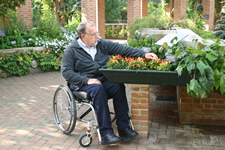 Wheelchair user in garden tending a tall planter bed with red and yellow flowers