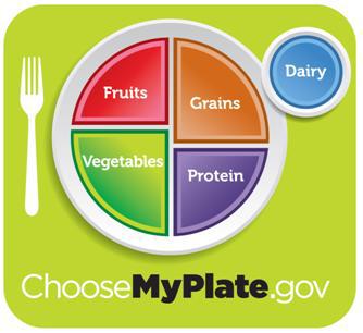 A choosemyplate.gov diagram showing how to fill your plate with roughly one-quarter protein, one-quarter grains, one-quarter fruit, and one-quarter vegetables, wtih a bit of dairy on the side