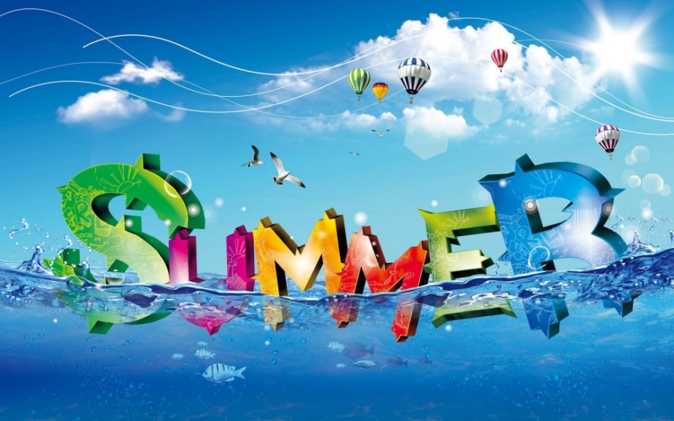 clip art image reading "SUMMER" in multiple colors, set on top of the ocean