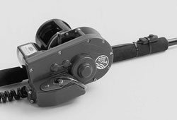 Electric fishing reel with a cord and a clip to be attached to a battery on a boat, car or power wheelchair.