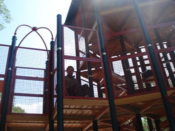 An adult park visitor who uses a wheelchair enjoys the view from the second level of the elevated play structure.