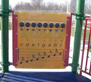 A music play panel has nine large buttons at the top that when pushed play different musical notes. The letters and symbols for each note are represented underneath the buttons.