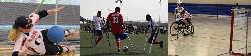 three images featuring kids playing goalball, adapted soccer, and wheelchair lacrosse