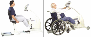 Picture of two men, one younger and one older adult, each using a cycle ergometer