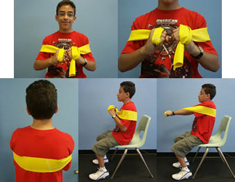 Child with Spina Bifida is performing an Forward Reach exercise from a seated position.