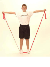 A boy doing a Lateral Raise using a Thera-Band.