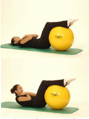 A girl demonstrating a floor crunch while using the exercise ball to elevate her legs.