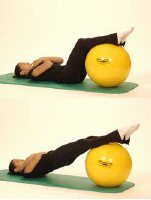 A demonstration of the Bridge exercise using the exercise ball to support legs.