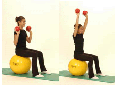 A demonstration of the Overhead Press while sitting on a exercise ball and using dumb bells.