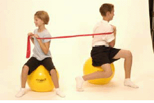 Trunk Twist - two people sitting on separate exercise balls and holding one Thera-Band to stretch.