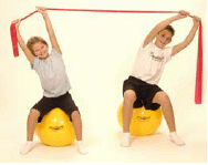 Trunk Side Bend - stretching exercise between two people using exercise balls and a Thera-Band.