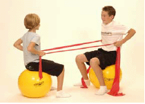 A Seated Rowing exercise using the exercise balls and a Thera-Band.
