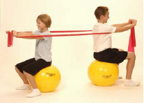 The Seated Press exercise between two people using one Thera-Band and exercise balls.
