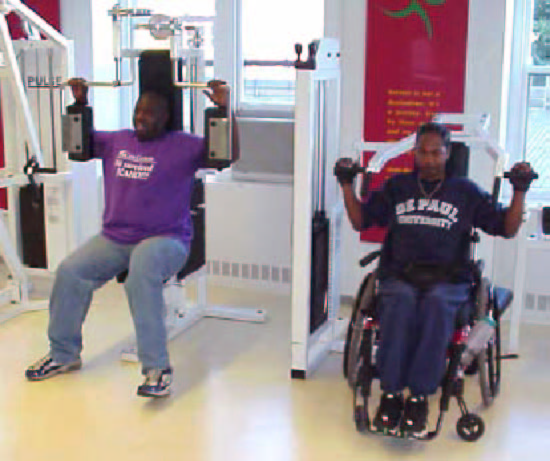 Two people on two separate weight lifting machines - one that's Not accessible the other Accessible.
