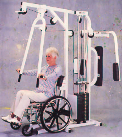 A woman using the Progym - an accessible exercise equipment.
