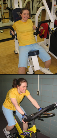Image of a woman with Down Syndrome exercising on a weight machine and an exercise cycle.