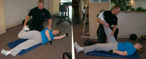 A personal trainer assists a woman in two different lower body stretches