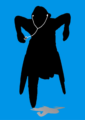 A silhouette of an individual in a wheelchair listening to a portable music device and dancing.
