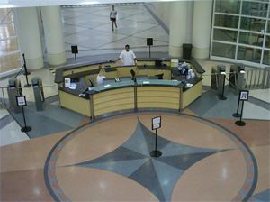 Aerial view of the entrance area and reception counter at a fitness center