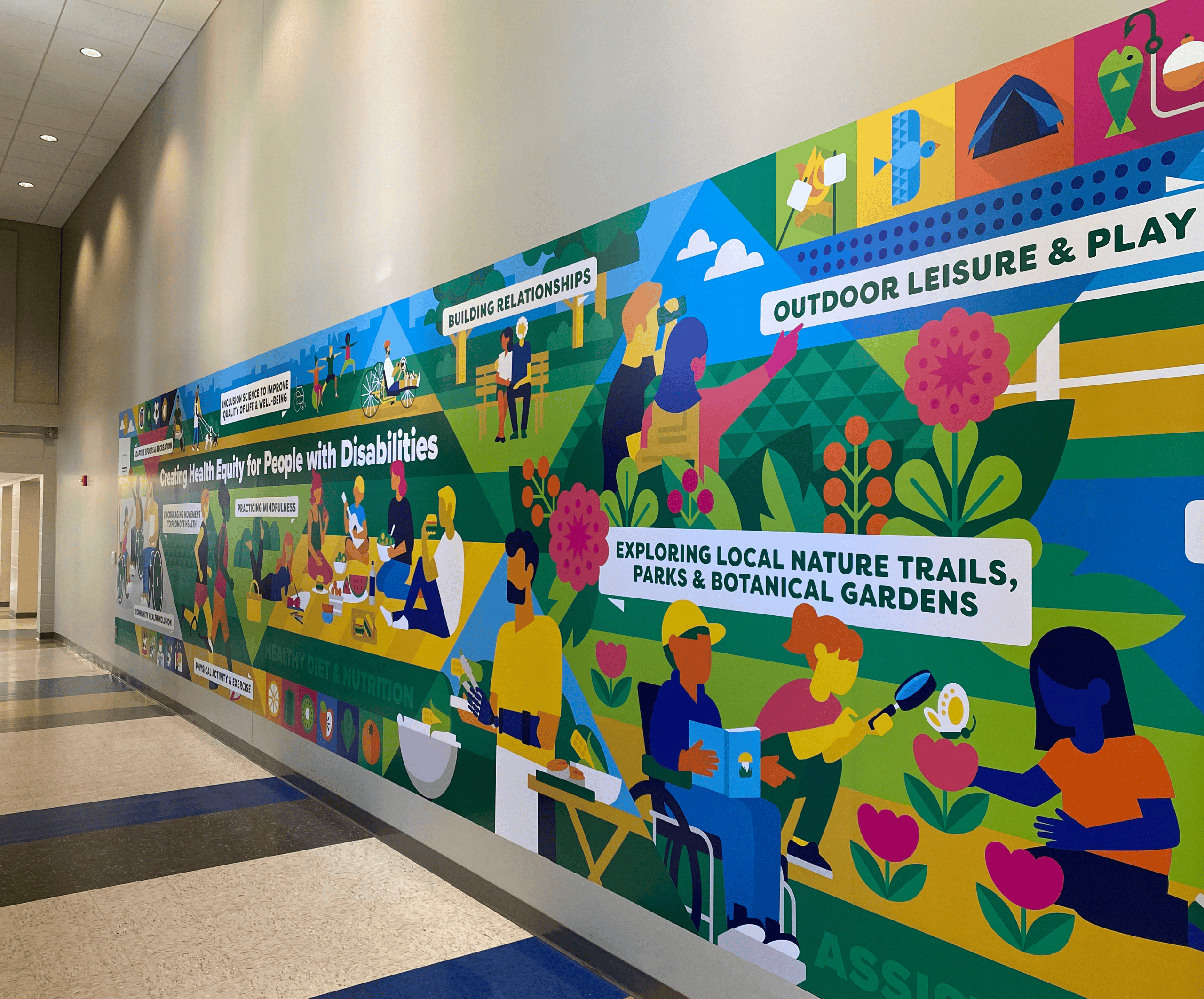 A colorful mural depicting different illustrations of people participating in healthy, adaptive activities. It is located in a hallway at the UAB Research Collaborative building