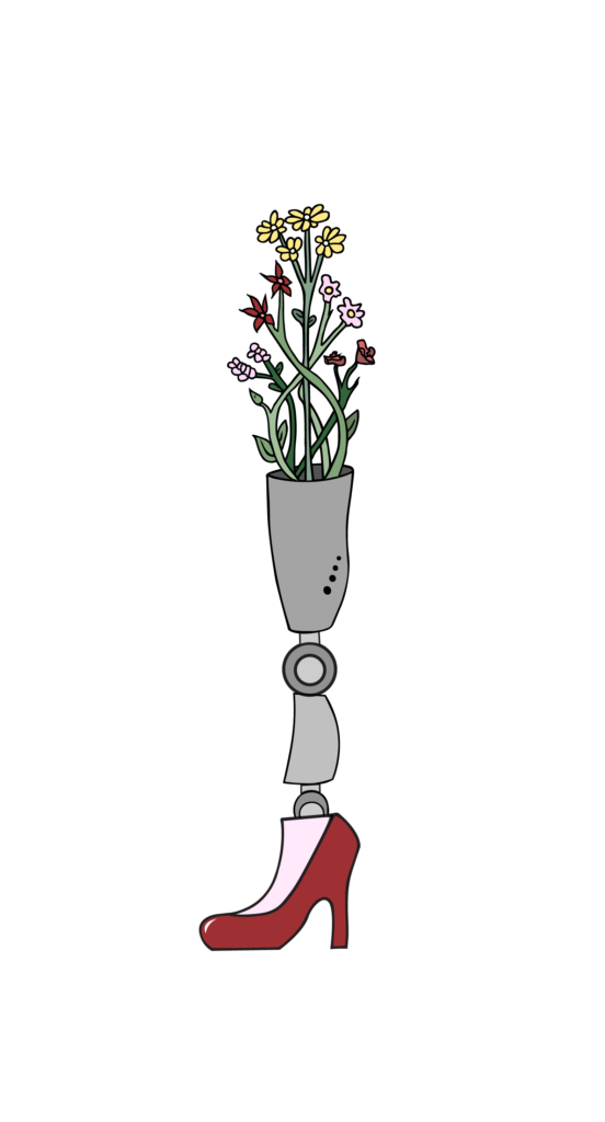 A prosthetic leg with a high heel shoe. Flowers are coming from the top of the prosthetic.