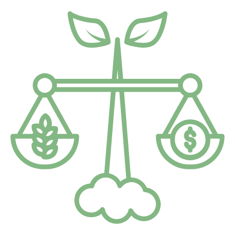A scale with healthy greens on one side and a dollar sign on the other